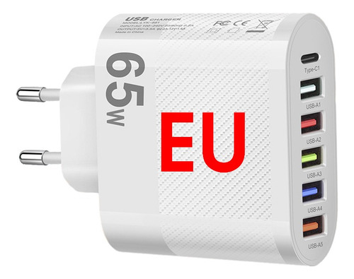 Cargador De 65 W, 6 Puertos, Enchufe Usb De La Ue, Adaptador