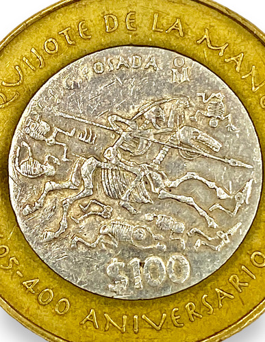 Moneda 100 Pesos Bimetalica Don Quijote 400 Aniv. Año 2005 (Usado)