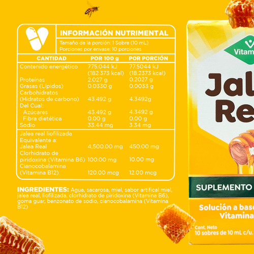 Jalea Real Vitamínik 10 Sobres De 10 Ml Vitaminas B6 Y B12 Sabor Sin Sabor