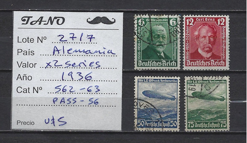 Lote2717 Alemania X 2 Series Año 1936 Yvert# 562/63, Pa55/56