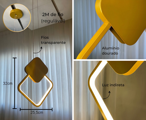 Pendente Minimalista Led Losango Moderno Dourado Cabeceira Lavabo Ilha Cabo 2m Luz 3/1 - Green Age