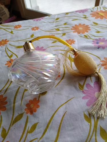 Antiguo Frasco De Perfume De Vidrio Tornasolado Con Pomo (Usado)