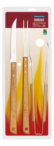 Juego Asado 3 Piezas Cuchillo Pinza Tramontina Churrasco LG Color Madera