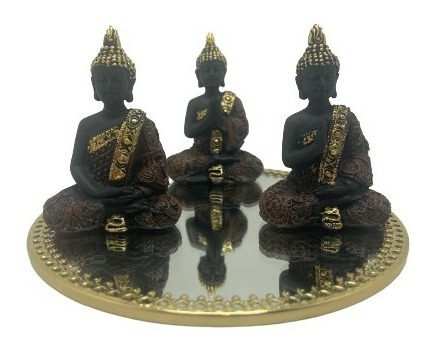 Conjunto Com 3 Budas Monges Sábios Em Resina + Espelho