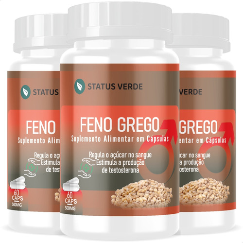 3 Potes Feno Grego Puro 100% Natural - Kit 180 Cáps Sabor Sem Sabor