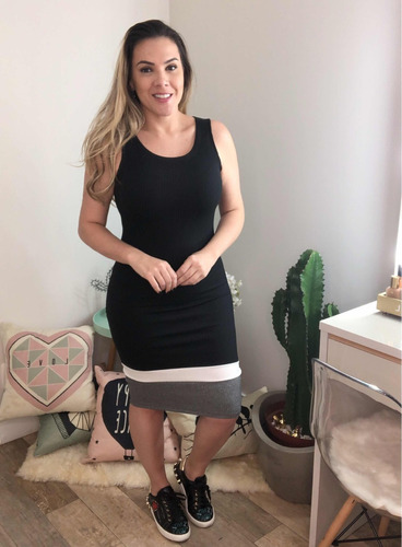 vestido midi justo malha canelada