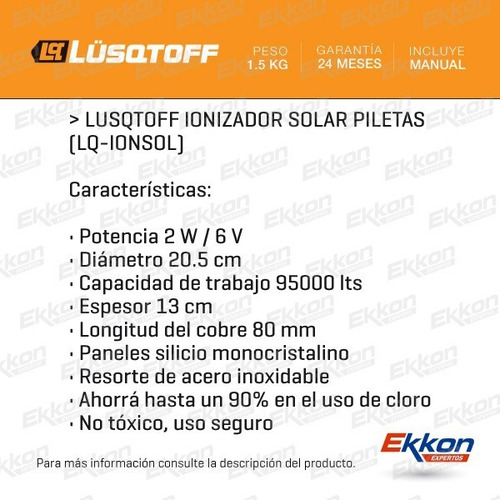 Imagen 2 de 8 de Kit Ionizador Solar Lusqtoff Para Piletas Alguicida Cloro