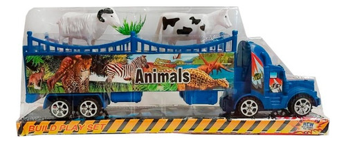 Camion Azul Con Acoplado Con Animales Color Azul Marino Personaje Truck