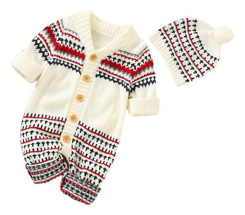 Conjunto Mameluco Tejido Bebé Con Gorro Y Estampado De Rayas