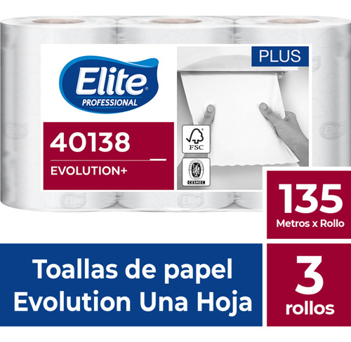 Toalla Rollo Evolution+ Una Hoja 3 Un X 135mts Elite Pro