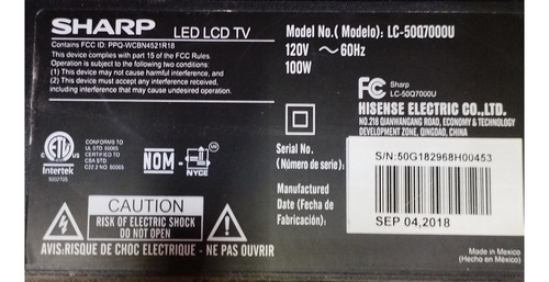 Main Sharp Rsag7.820.7918/roh, Mod.lc-50q7000u (Usado)