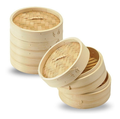 Imagen 2 de 8 de Vaporera De Bambu 15cm 2 Pisos + Tapa Cocina Saludable