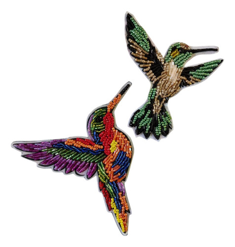 Pack Parche Aplique Colibrí X2 Mostacilla Strass Canutillo Verde