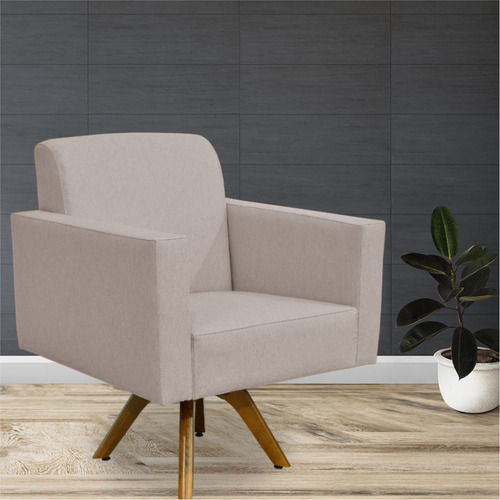 Kit 02 Poltronas Decorativas Giratória Madeira Sala Estar Helô L02 Linho Bege