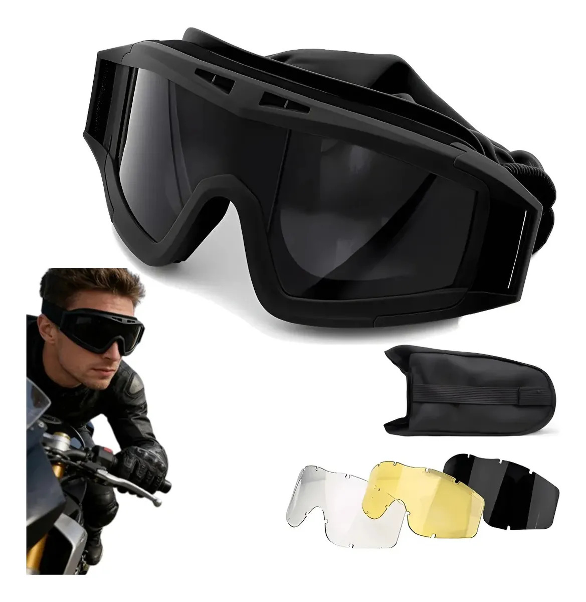 Lentes Tácticas Goggle Militares Careta Gafas Con 3lentes Negro