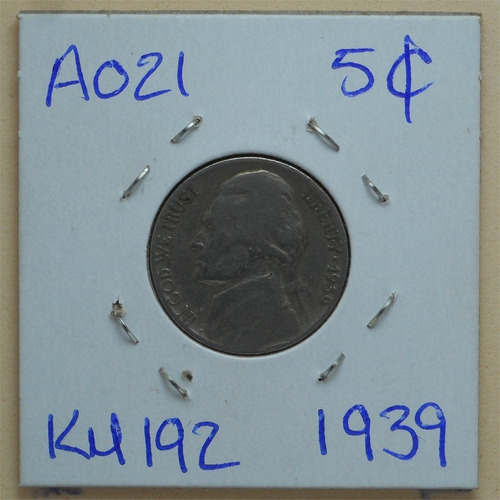 Moneda Usa 5 Centavos Jefferson Nickel 1939 Sin Ceca A021