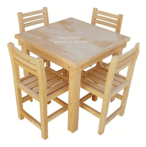 Mesa Infantil Con 4 Sillas De Madera Solida De Pino