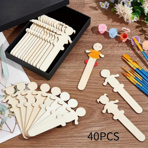 40x Palitos Artesanales De Personajes De Madera, Recortes De