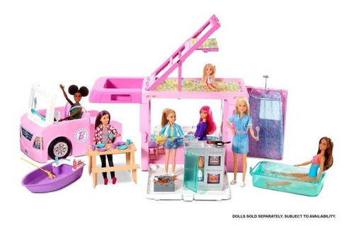 Barbie Camper 3 En 1, Piscina Bote Y 60 Accesorios Mattel