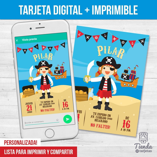 Imagen 2 de 4 de Invitación Digital + Imprimible - Pirata Para Nena