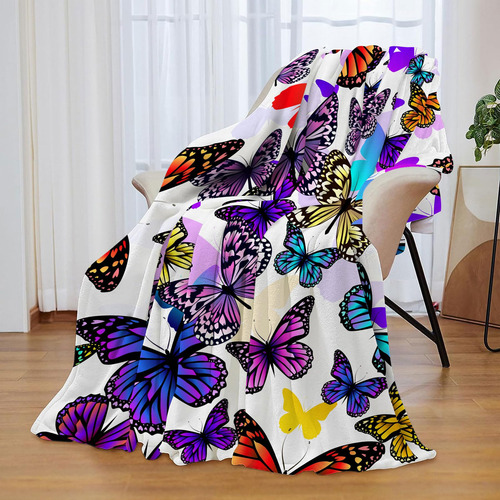 Manta Franela Ultrasuave Acogedora Mariposa Colorida Ligera