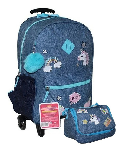 Mochila Escolar Feminina Jeans Com Lancheira Unicórnio 91