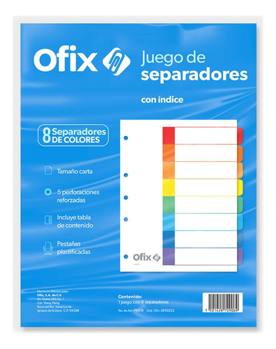 Separadores De Carpetas Indice Ofix 8 Divisiones Carta