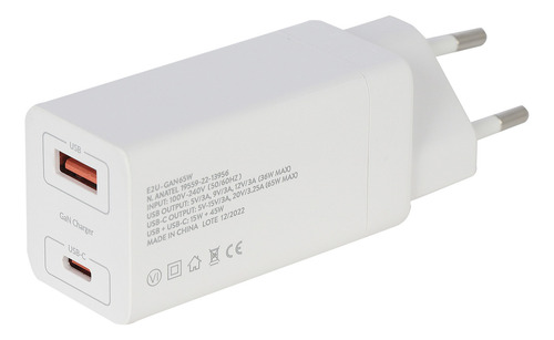 Carregador Turbo Universal 65w Duplo USB-A USB-C PD Power GAN Mackbook ENERGY2U Branco