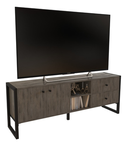 Rack Mueble Para Tv 65 Moderno Comoda Vajillero Industrial Color Roble Denver Grafito con Hierro Negro