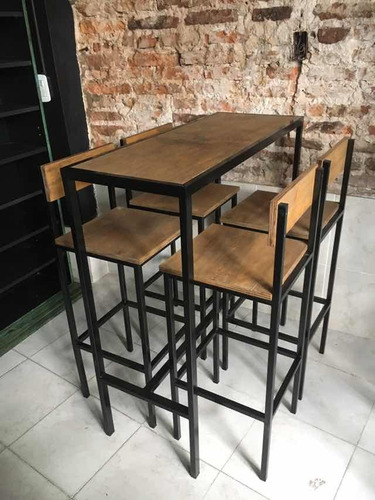 Imagen 4 de 8 de Mesa Barra Bar Hierro Madera 100x40 + 4 Taburetes C/respaldo