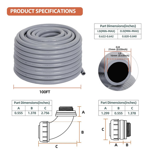 Conduit Liquitight 100 Ft Y Kit De 10 Piezas De Conecto...