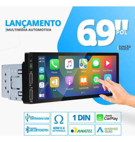 Central Multimidia 1 Din Carplay Usb Android Bluetooth Ios