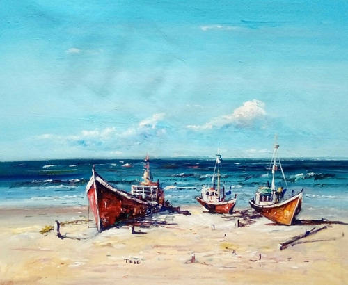 Cuadros Barcos Playa Mar Bote 60x70 Pintado A Mano 77