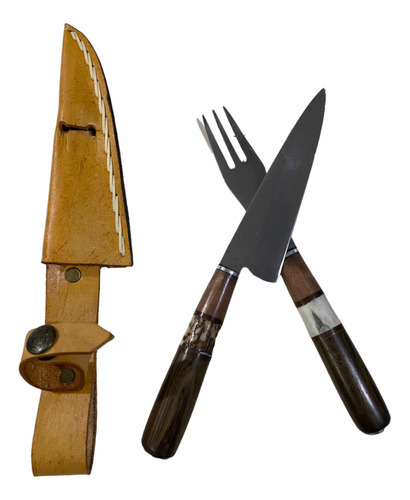 Cuchillo + Tenedor + Vaina Artesanal 15cm 