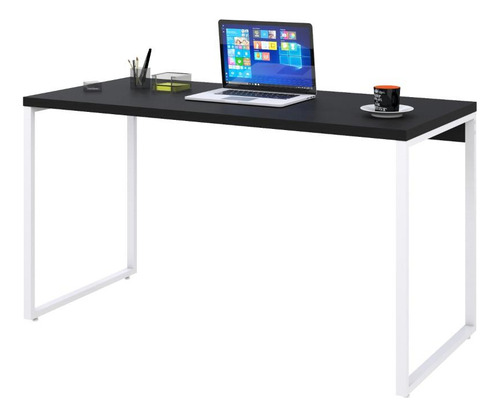 Mesa Kuadra Office 135x60x75cm Estrutura Branca Cor Preto Ônix / Est.branca