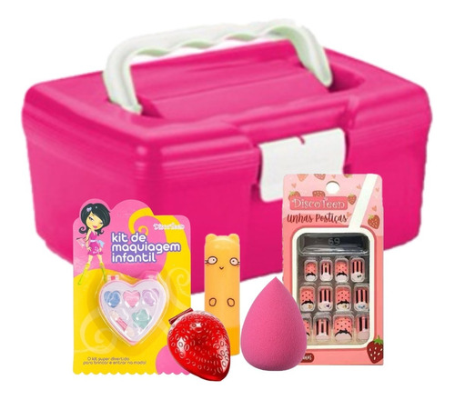 Maleta Infantil Kit Maquiagem Completo Batom Gloss Esponja