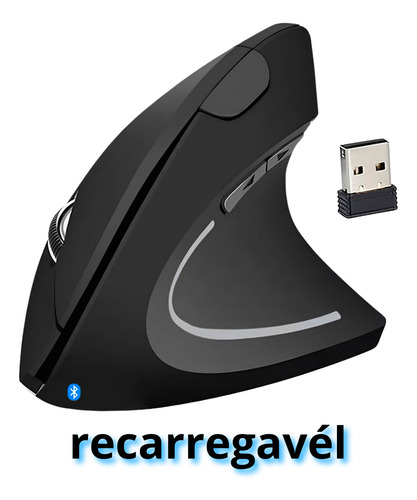 Mouse Sem Fio Vertical Recarregável Bluetooth Led Cor Preto