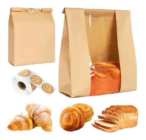 Pack Bolsas Pan Kraft Ventana 100 Und + Etiquetas 500 Und Pa