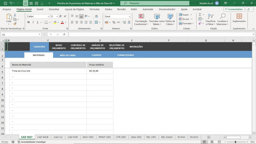 Planilha De Orçamento De Materiais E Mão De Obra 4.0
