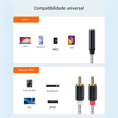 Cabo P2 Fêmea Para Rca 3.5mm Qualidade Premium 3 Metros