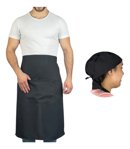 Kit Com 5 Avental Saia + 5 Touca Bandada Oxford Garçom Chef Cor Preto Desenho Do Tecido Liso
