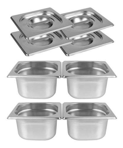 Kit De 4 Cubas Gastronômicas Com Tampa Buffet Inox 1/6 100mm