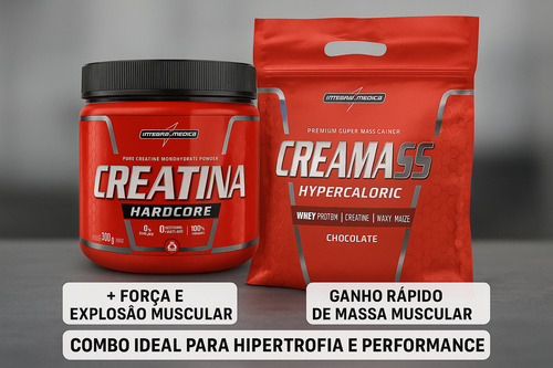 Kit Creatina Hardcore 300g Com Hypercalorico Creamass 3kg Sabores Chocolate