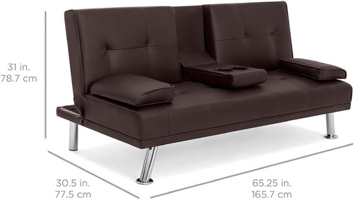 Sofa Cama Futon Plegable Piel Sintetica Marron Portavasos
