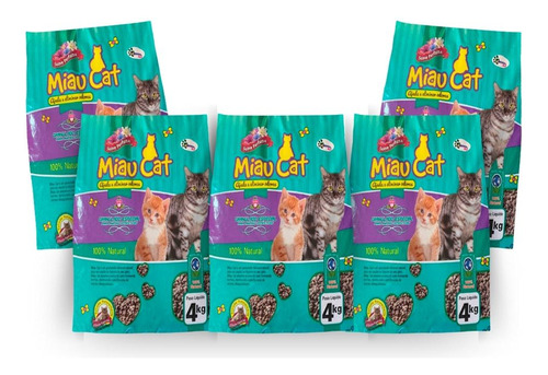 Kit C/ 5 Areias Granulada Sanitária Antiodor Miaucat Gatos x 4kg de peso neto  y 4kg de peso por unidade