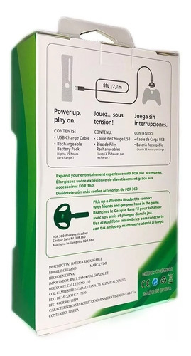 Kit Carga Y Juega Para Control Xbox 360 Cable Y Pila Mayoreo
