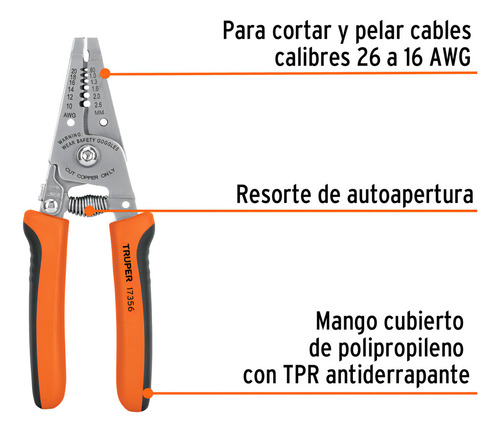 Truper 17356, Pinza Pelacables 6 PuLG 6 Medidas Con Resorte