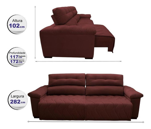 Sofá 2,82m Retrátil E Reclinável Cama Inbox Top Vermelho