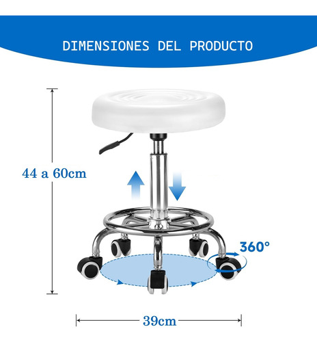 Silla Taburete Tatuaje Tattoo Estetica 360° Ruedas Silicona Tapizado Blanco