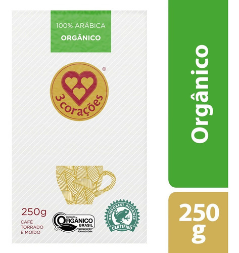 Café Torrado e Moído a Vácuo Orgânico 3 Corações Rituais Pacote 250g
